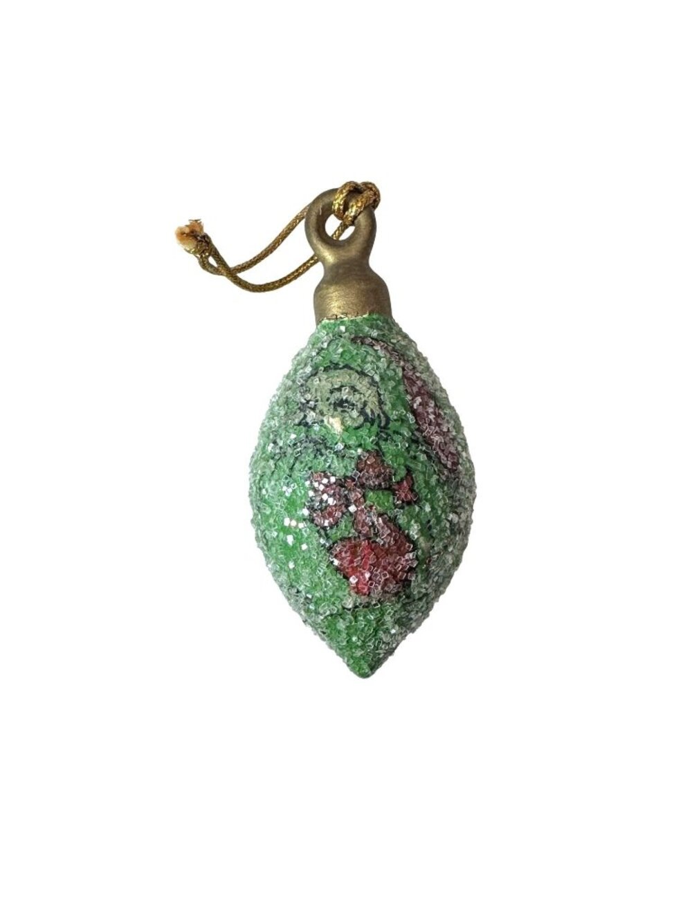 Vintage Teardrop Egg Shaped Ornament Green Santa Glitter Gold Finial